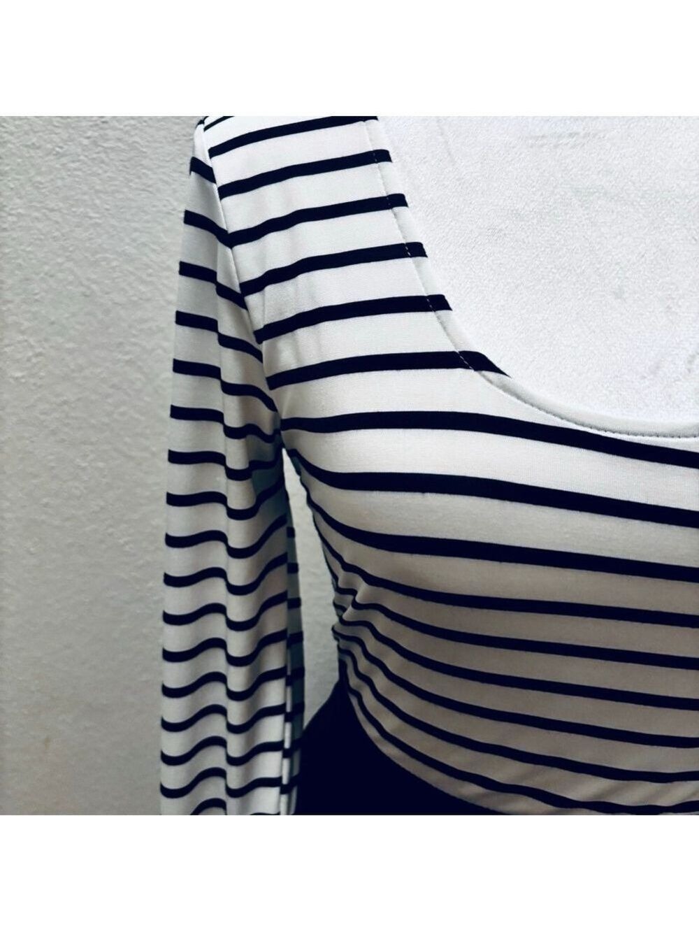 GUESS Black and White Striped Long Sleeve Fit and Flare Dress - Picture 5 of 14